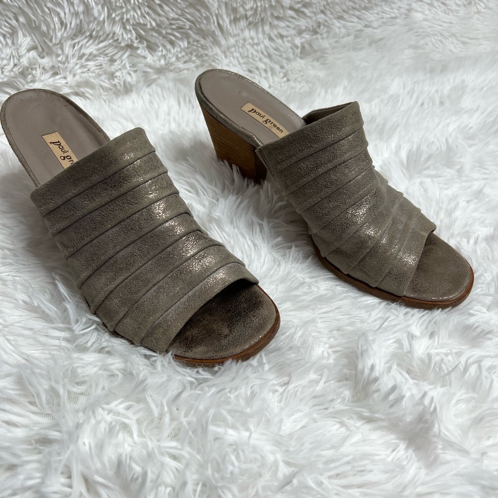 Paul Green Wooden Chunky Heel Distressed Metallic Leather Mules